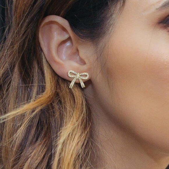 Elegant Gold-tone Cubic Zirconia Bowknot Stud Earrings for Women, Bridal & Daily - Picture 3 of 6